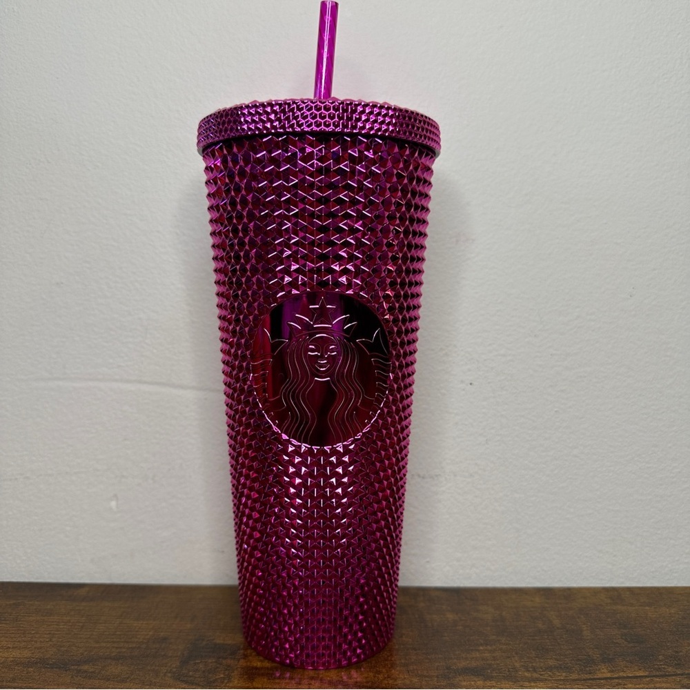 Starbucks Magenta Studded Tumbler 24oz Cold Cup w/ Straw Metallic‎ Pink
